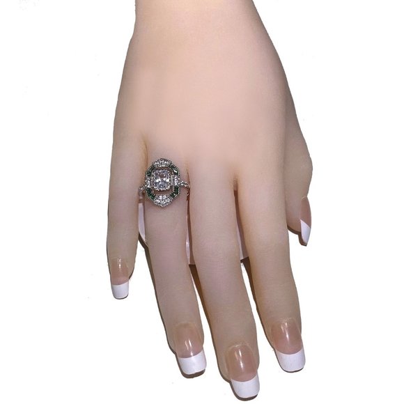 Vintage Estate Inspired Ring - Synthetic Emeralds & Diamonds - Size 6, 7 or 8 - Picture 10 of 12